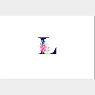 Watercolor Floral Letter L in Navy Posters and Art